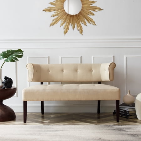 Inspired Home Alaya Beige Linen Bench - Upholstered | Button Tufted