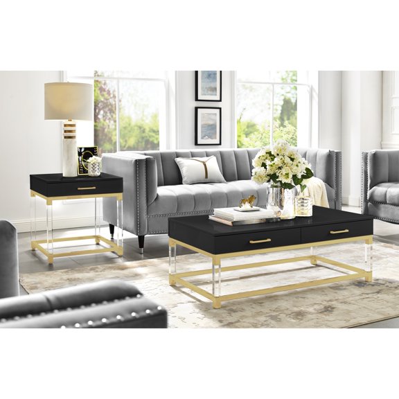 Inspired Home Alena Coffee Table 2 Drawers High Gloss Acrylic Legs, Black/Gold