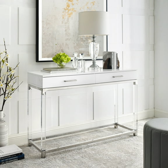 Inspired Home Alena Console Table 2 Drawers High Gloss Acrylic Legs Chrome Stainless Steel Base Modern Design, White/Chrome