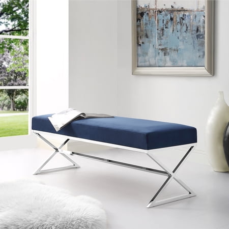 Inspired Home Amelia Velvet X-Leg Chrome Base Bench, Navy