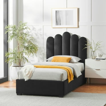 Inspired Home Annastasia Velvet Twin XL Platform Bed with Lift Mechanism, Black