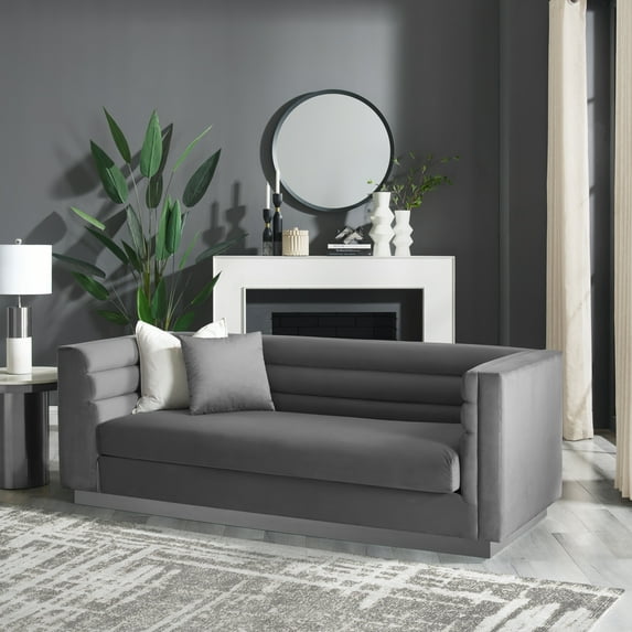 Inspired Home Anniston Velvet 3 Seat Sofa with Silver Base and Horizontal Channel Tufting, Dark Grey