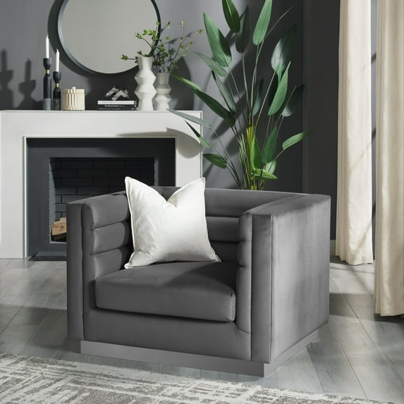 Inspired Home Anniston Velvet Club Chair with Silver Base and Horizontal Channel Tufting, Dark Grey