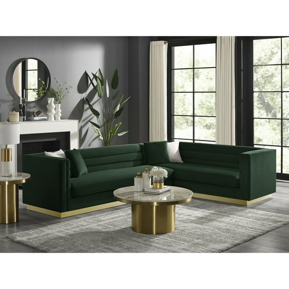 Inspired Home Anniston Velvet Upholstered Corner Sectional Sofa, Gold Base,Left Facing, Hunter Grey