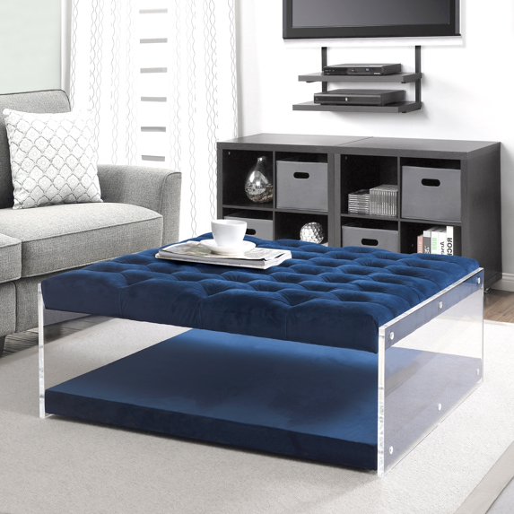 Inspired Home Anupi Velvet Ottoman Cocktail Coffee Table Tufted Acrylic Sides Modern, Navy