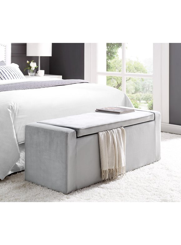 Inspired Home Aron Velvet Storage Bench Upholstered, Grey