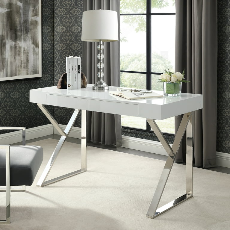 Inspired Home Baduchi Desk 2 Drawers High Gloss Stainless Steel Base Modern Design White Chrome