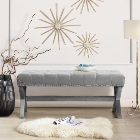 Inspired Home Brigitte Velvet X-Leg Bench Button Tufted Silver Nailhead Trim, Light Grey