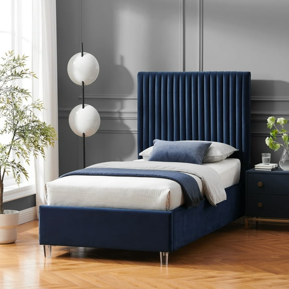 Inspired Home Caileigh Upholstered Velvet Full Channel Tufted Bed with Acrylic Legs, Navy