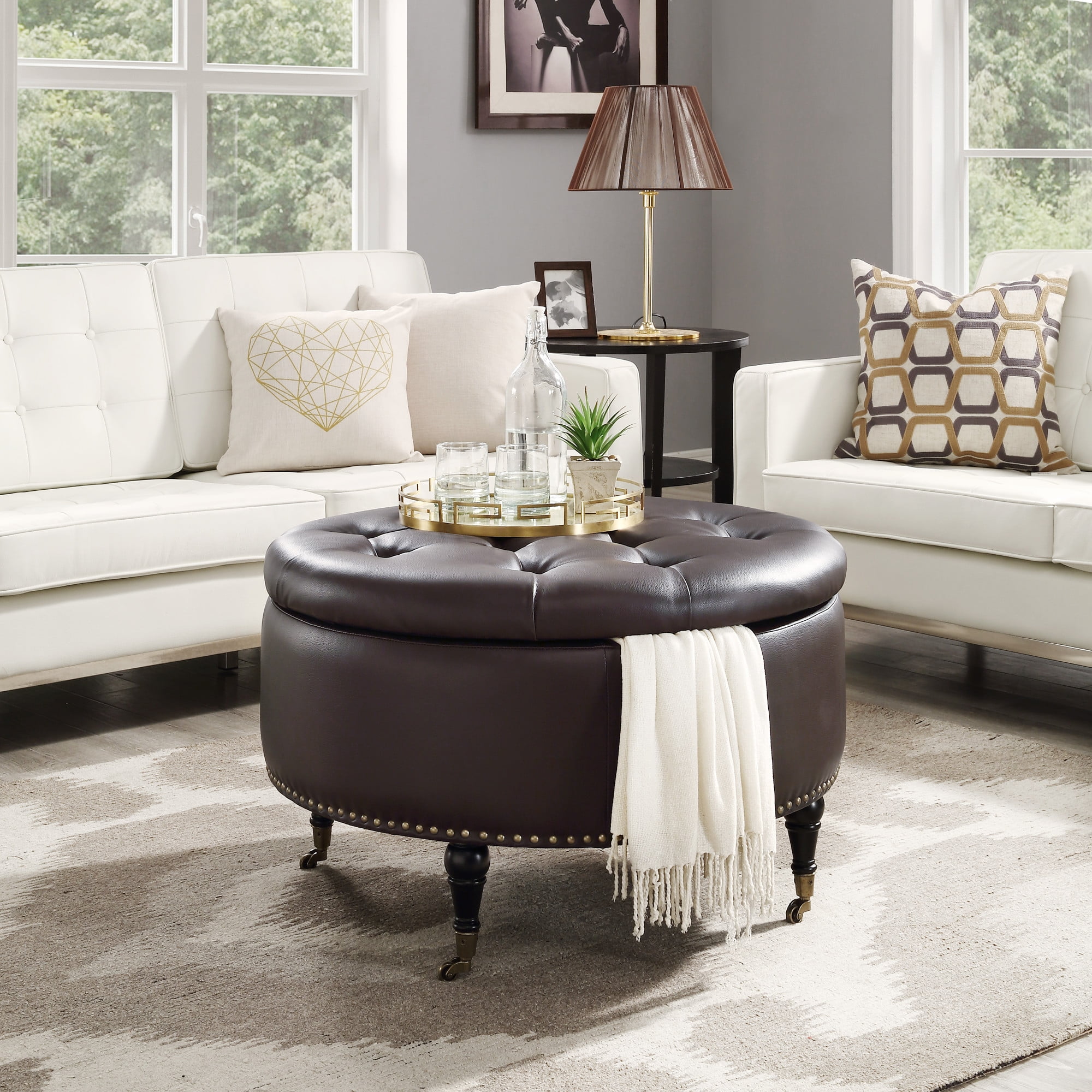 Round leather storage ottoman coffee table online