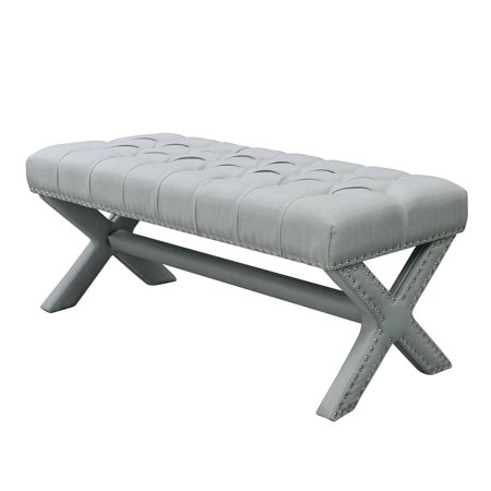 Inspired Home Collins Linen Button Tufted Bench with Silver Nailhead Trim Light grey