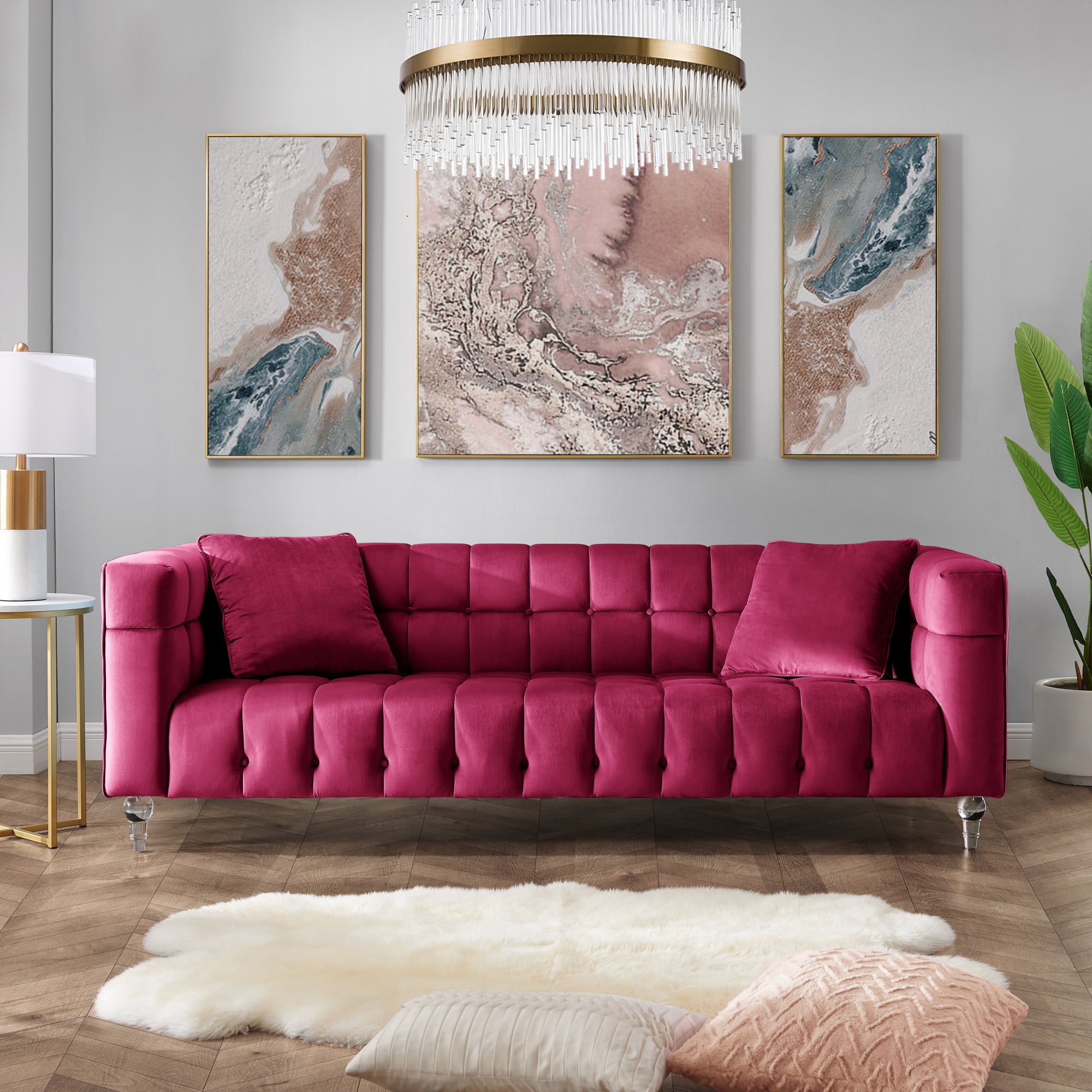 Inspired Home Grant Fuchsia Velvet Sofa