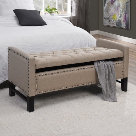Inspired Home Harriet Linen Storage Bench Button Tufted Silver Nailhead Trim Modern, Beige