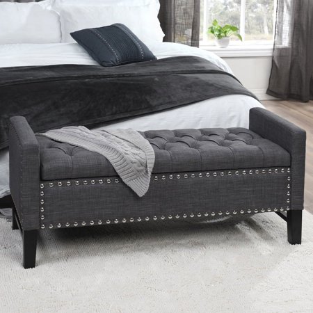 Inspired Home Harriet Linen Storage Bench Button Tufted Silver Nailhead Trim Modern, Dark Grey