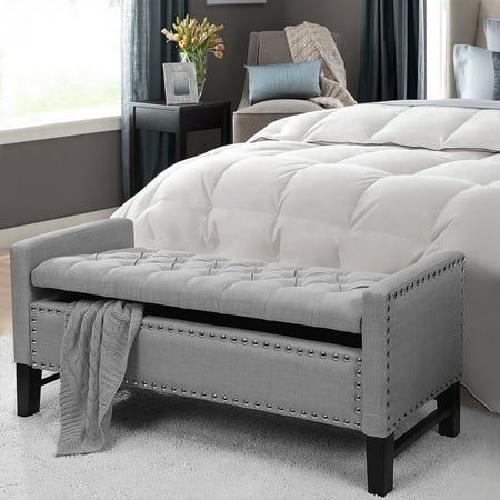 Inspired Home Harriet Linen Storage Bench Button Tufted Silver Nailhead Trim Modern, Light Grey
