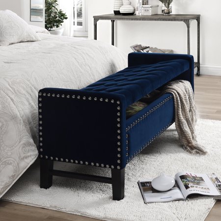Inspired Home Harriet Velvet Storage Bench Button Tufted Silver Nailhead Trim Modern, Navy