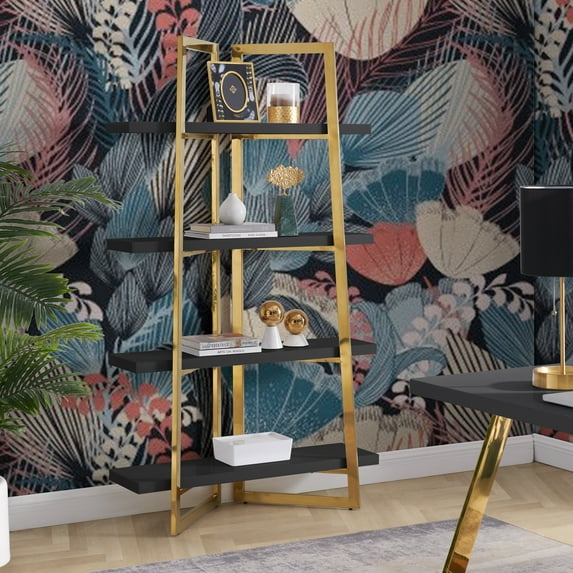 Inspired Home Kanani Etagere Stainless Steel Bookshelf/Bookcase 4 Shelves High Gloss Lacquer Finish, Black/Gold