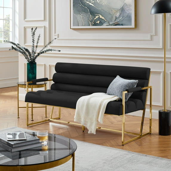 Inspired Home Madisen PU Leather Settee Loveseat, Black/Gold