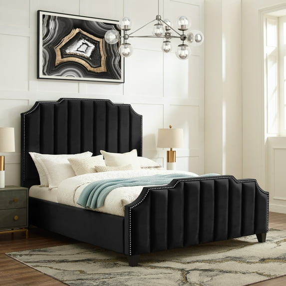 Inspired Home Mallorie Velvet Black Upholstered Bed, King