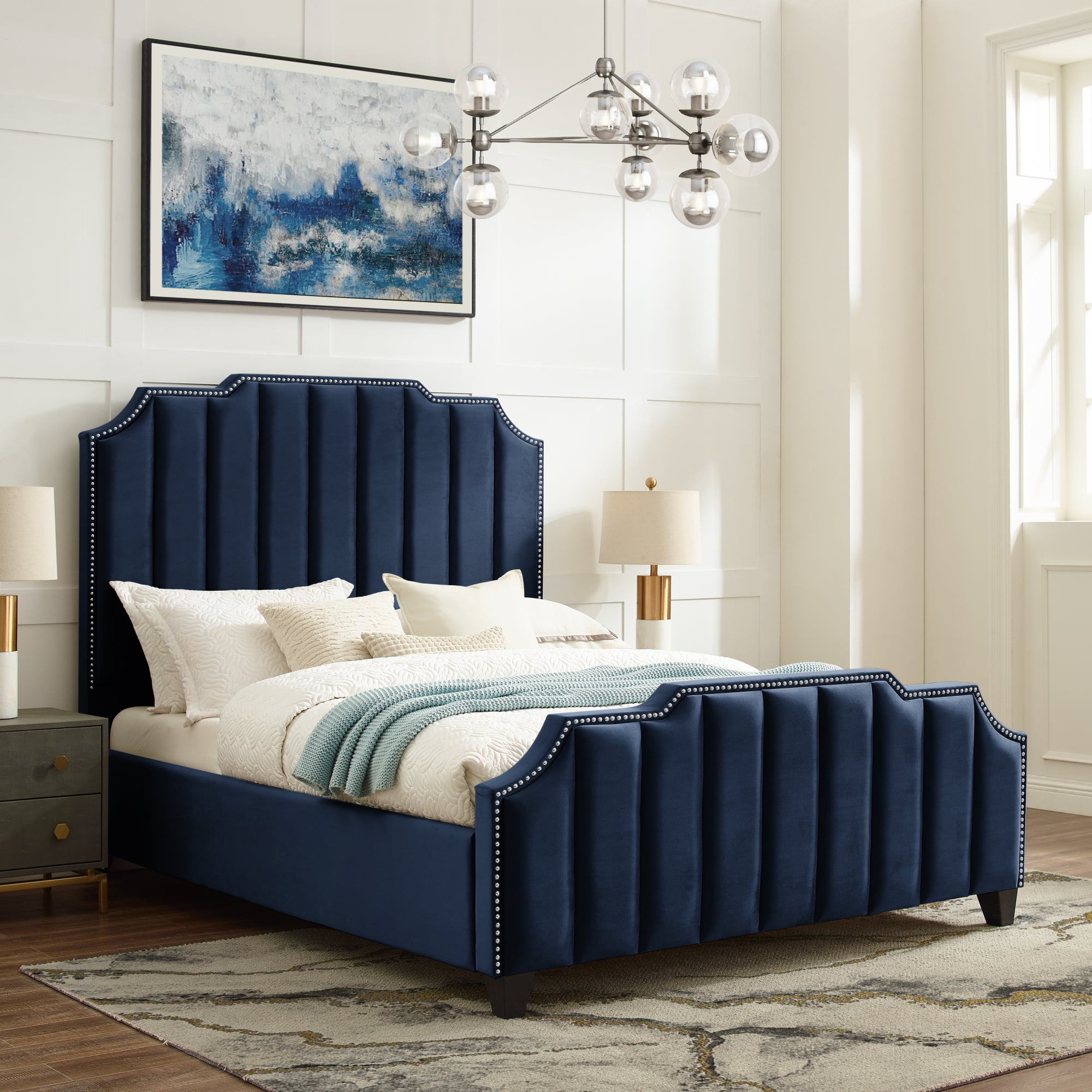 Navy upholstered cheap king bed