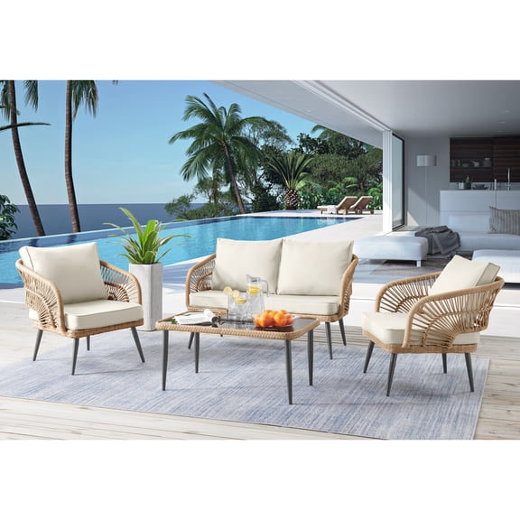 Inspired Home Marius Outdoor Rattan Wicker 4pc Seating Group, Teak