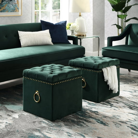 Inspired Home Melania Velvet 1pc Storage Ottoman Gold Nailhead Trim , Hunter Green