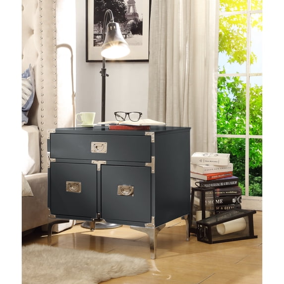 Inspired Home Norta Lacquer Finish Nightstand Chrome Leg Modern, Dark Grey