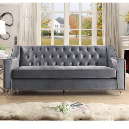Inspired Home Paula Velvet Sofa Button Tufted Lucite Acrylic Legs Modern, Grey
