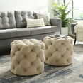 thumbnail image 1 of Inspired Home Perilous Linen Ottoman Allover Tufted Round Modern Contemporary 1 PC, Beige, 1 of 7