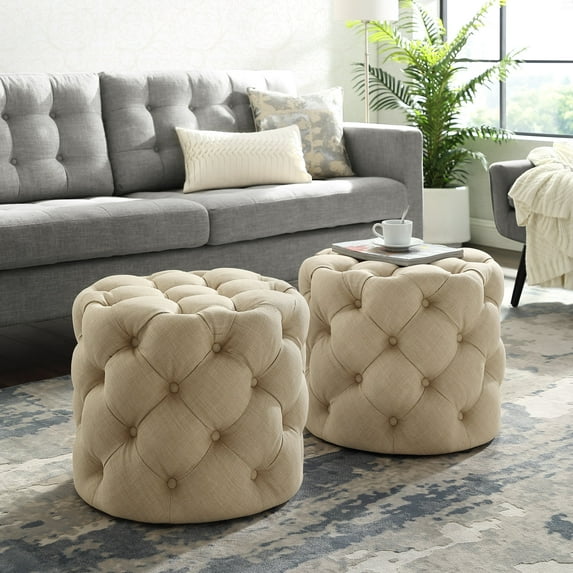 Inspired Home Perilous Linen Ottoman Allover Tufted Round Modern Contemporary 1 PC, Beige