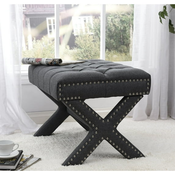 Inspired Home Quinn Linen Button Tufted Nailhead Trim Ottoman Bench