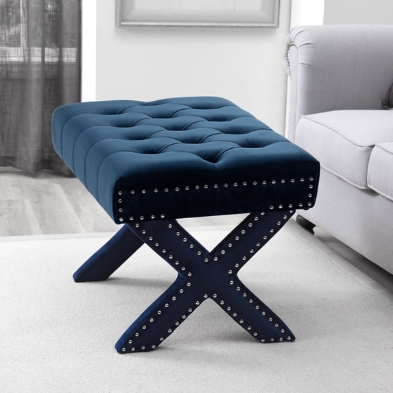 Inspired Home Quinn Velvet Button Tufted Nailhead Trim Ottoman Bench