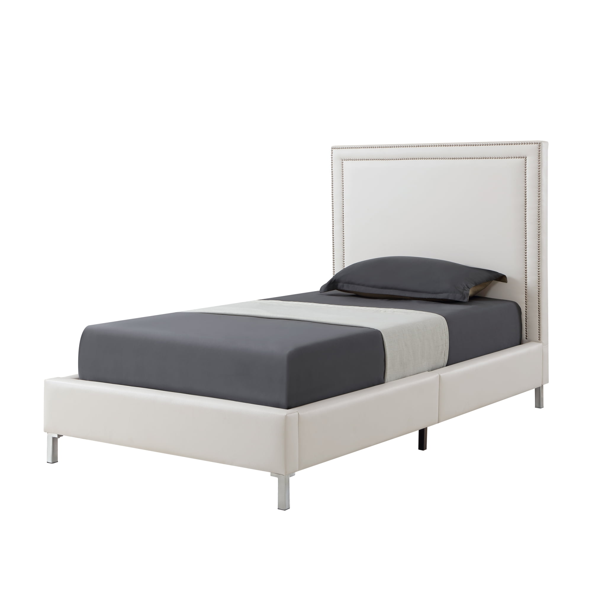 Inspired Home Raffaele Leather PU Platform Bedframe Twin Size Nailhead Trim, White