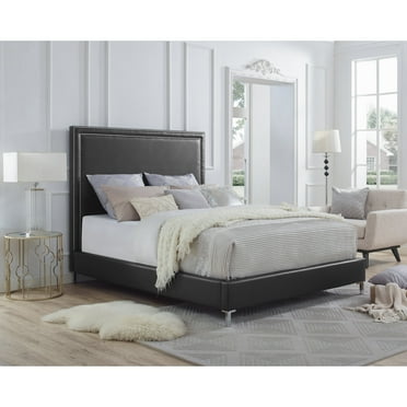 Inspired Home Classic Raffaele PU Leather Bed Sturdy Headboard Nailhead Trim Queen, Slats Included, Black