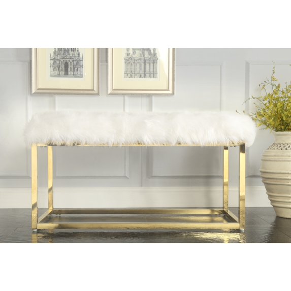 Inspired Home Randy Faux Fur Bench Goldtone Frame Ottoman Modern, White