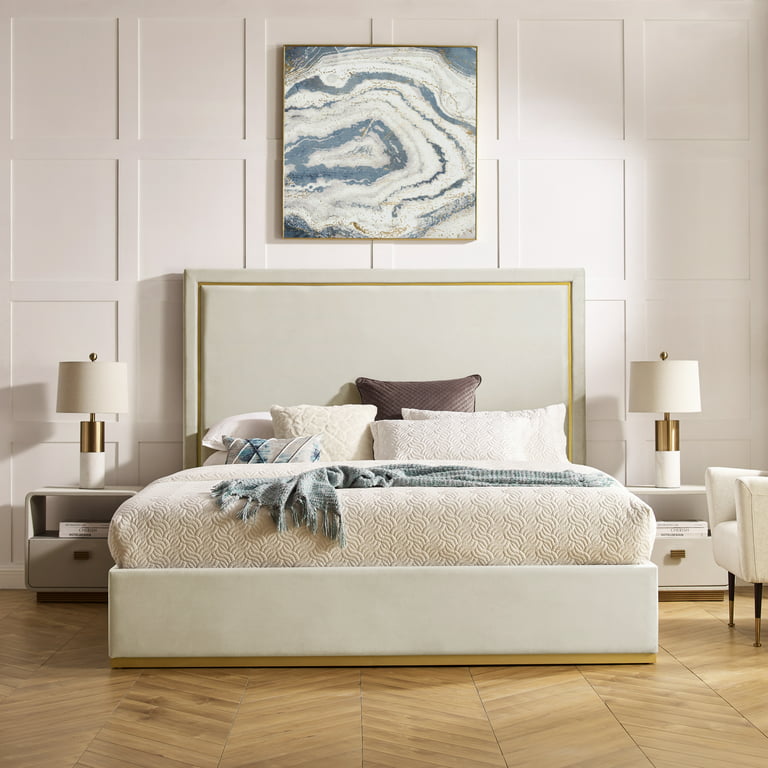 Inspired Home Roxana Upholstered Velvet Contemporary King Bed with Gold  Base Frame, Beige 