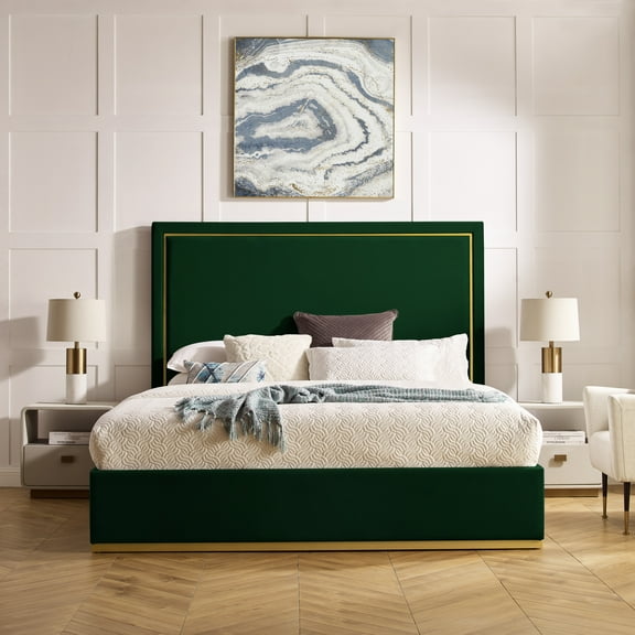 Inspired Home Roxana Upholstered Velvet Contemporary Queen Bed with Gold Base Frame, Hunter Green