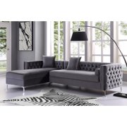 Inspired Home Sania Velvet Chaise Sectional Sofa 115" Left Facing Button Tufted Nailhead Trim, Grey