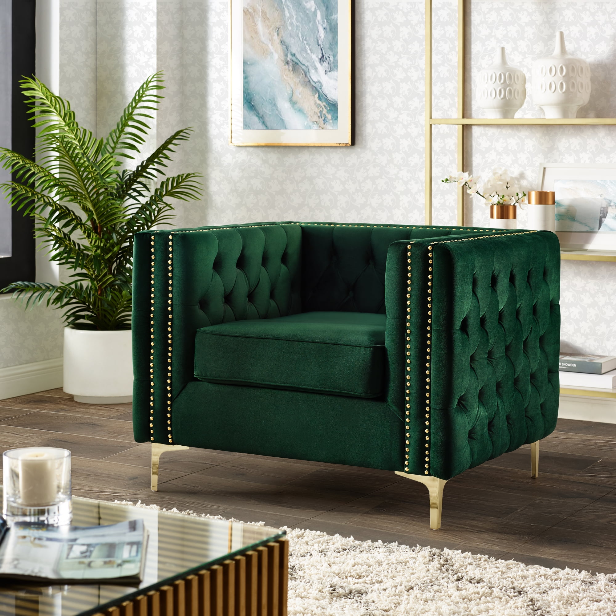 Inspired Home Sania Velvet Club Chair- Tufted Nailhead Trim Gold