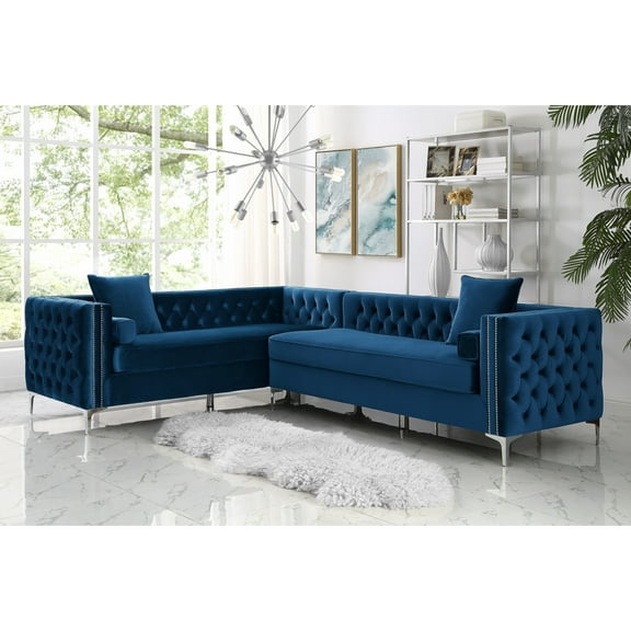 Inspired Home Sania Velvet Corner Sectional Sofa 120" Left Facing Button Tufted Nailhead Trim, Navy Blue
