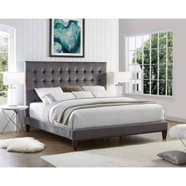 Inspired Home Saverio Velvet Bed Button Tufted Queen, Grey