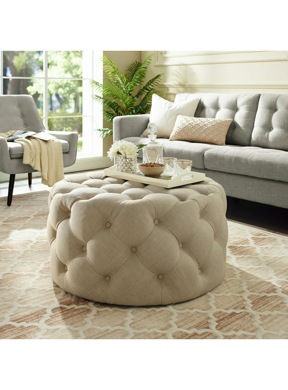 Inspired Home Tracy Linen Cocktail Ottoman Allover Tufted Round Castered Legs Contemporary, Beige