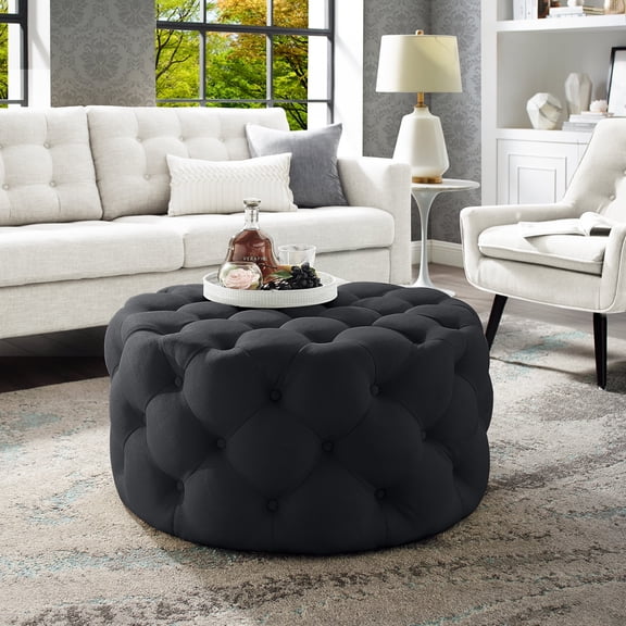 Inspired Home Tracy Linen Cocktail Ottoman Allover Tufted Round Castered Legs Contemporary, Black