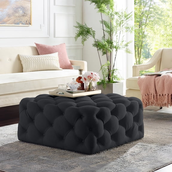 Inspired Home Vernon Linen Cocktail Ottoman Allover Tufted Square Castered Legs Modern, Black
