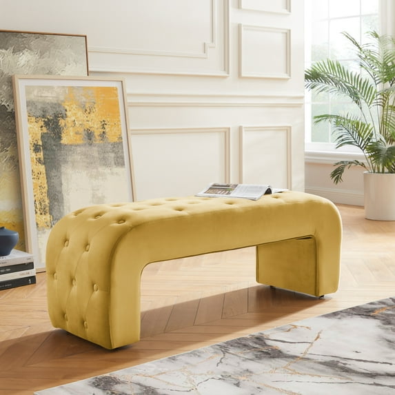 Inspired Home Zoee Velvet Bench, Button Tufted, Yellow