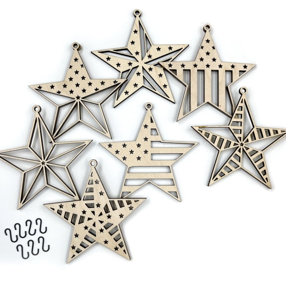 Inspired Indigo Barn Star Wood Charms, 7 Count, Patriotic Home Decor for 4th of July, Memorial Day
