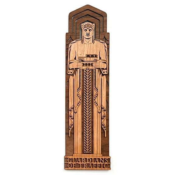 Inspired Indigo Guardians of Traffic Car Guardian, Cleveland Ohio Wall Art Decoration, Walnut and Maple Wood, Brown, Small Size 3.6” x 13”