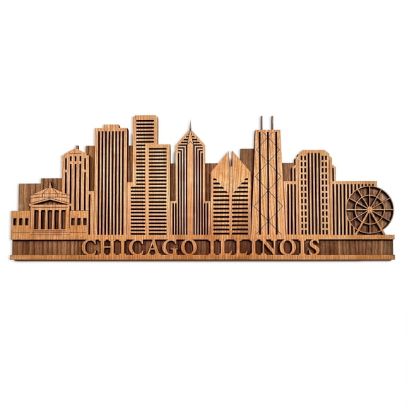 Inspired Indigo Chicago Illinois Skyline Wall Art Decoration, Walnut and Maple Wood, Brown, Large Size 19” x 7.25
