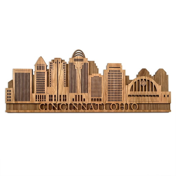 Inspired Indigo Cincinnati Ohio Skyline Wall Art Decoration, Walnut and Maple Wood, Brown, Large Size 19" x 7.25"