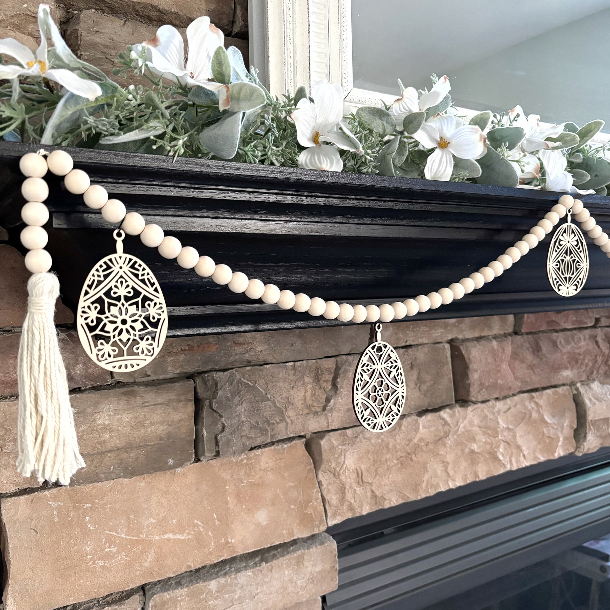 Inspired Indigo Easter Eggs Wood Bead Garland, Fireplace Mantel Decor for Easter or Spring